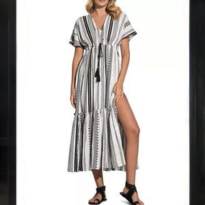 Elan Boho Aztec Short Sleeve V-Neck Woven Cotton Maxi Dress Black White Medium